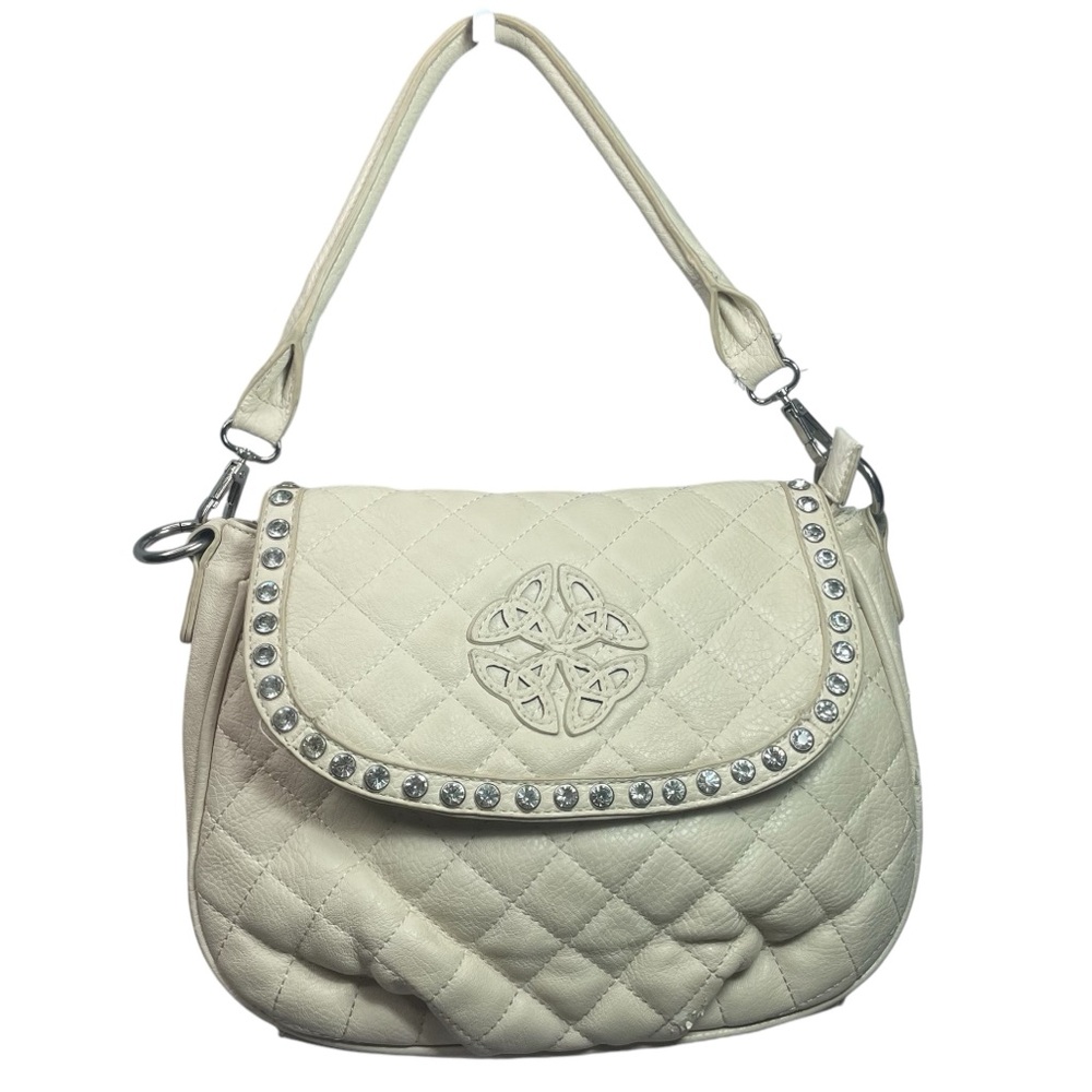 Silverake Cream Leather Quilted & Rhinestone Embossed Purse